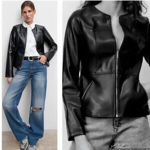 ZARA Black Vegan Faux Leather Peplum Zip Up Moto Jacket